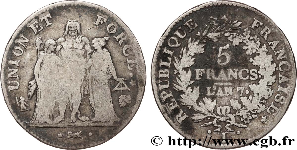 5 francs Union et Force, Union desserré, avec glands intérieurs et gland extérieur 1799 Bayonne/Paris F.291/26 MB15 