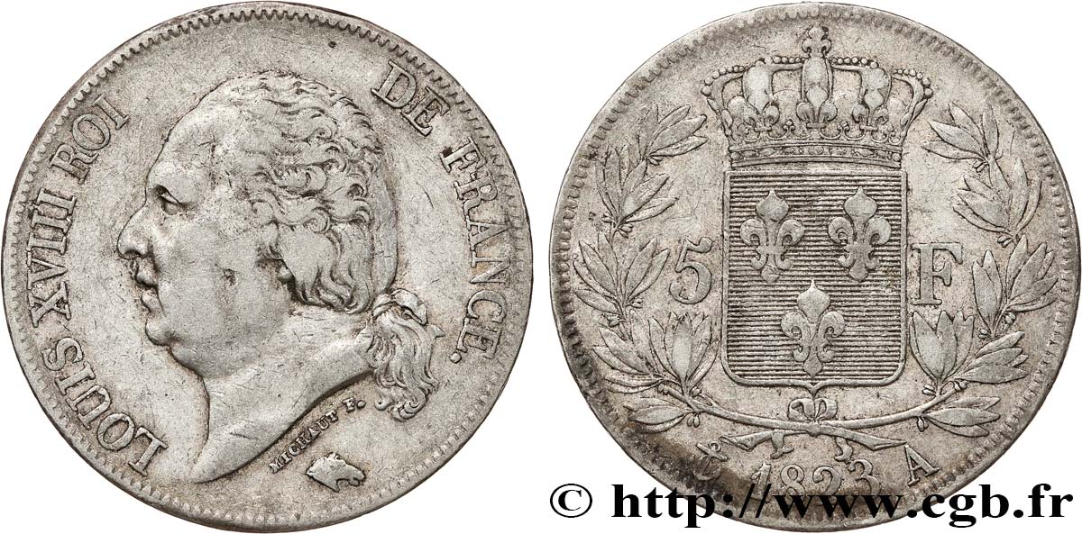 5 francs Louis XVIII, tête nue 1823 Paris F.309/76 TB 