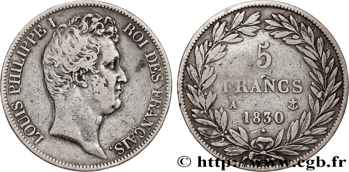 5 francs type Tiolier avec le I, tranche en creux 1830 Paris F.315/1 TB 