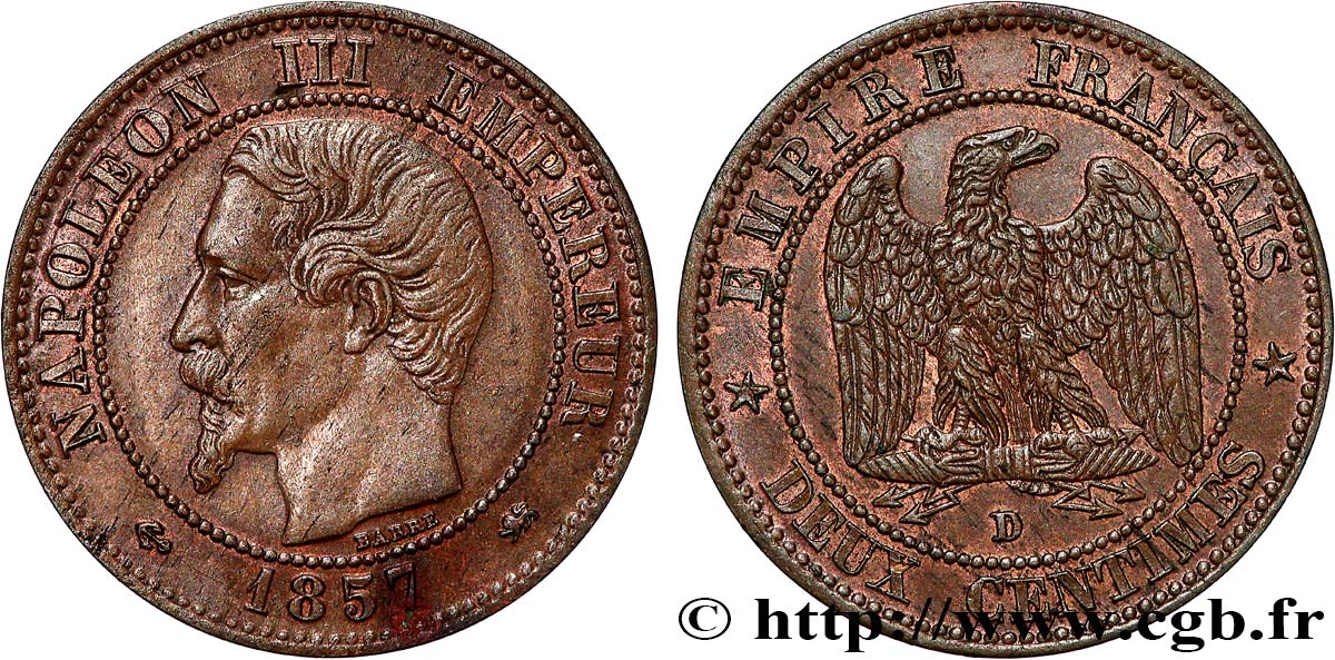 Deux centimes Napoléon III, tête nue, petit D et petit lion 1857 Lyon F.107/48 VZ 