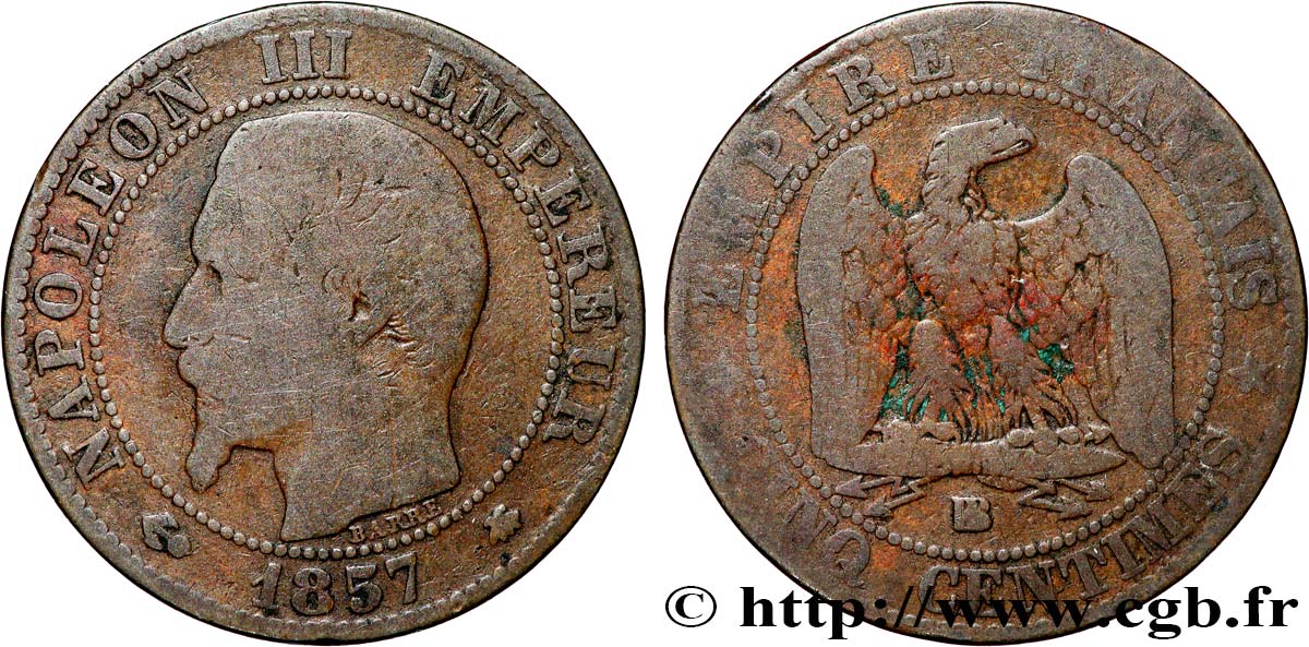 Cinq centimes Napoléon III, tête nue 1857 Strasbourg F.116/39 B10 