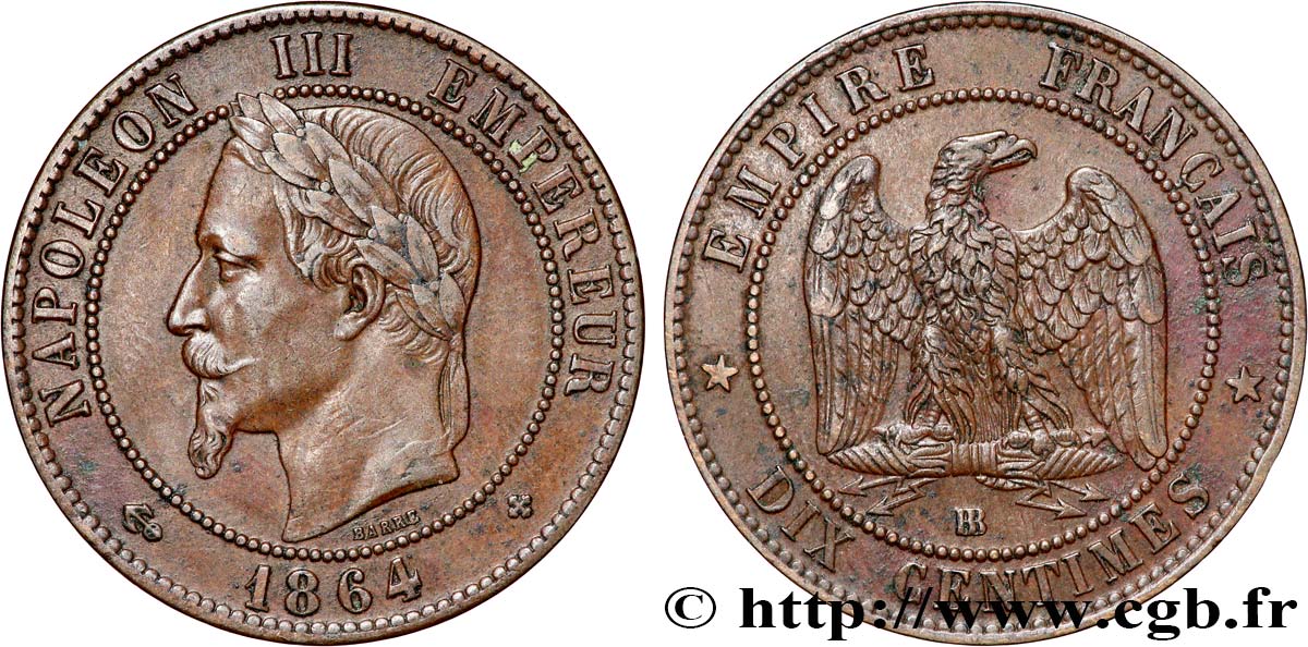 Dix centimes Napoléon III, tête laurée 1864 Strasbourg F.134/14 TTB50 