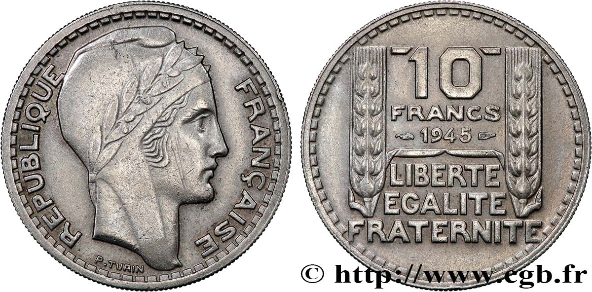 10 francs Turin, grosse tête, rameaux courts 1945  F.361A/1 XF 