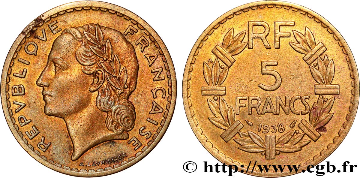 5 francs Lavrillier, bronze-aluminium 1938  F.337/1 MBC 