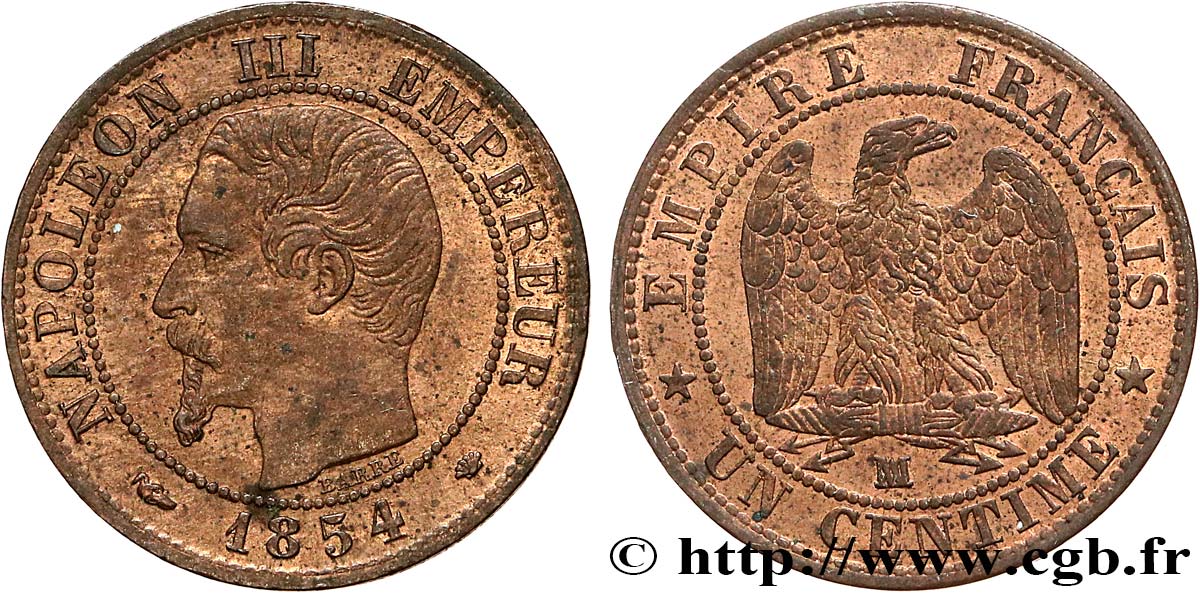 Un centime Napoléon III, tête nue 1854 Marseille F.102/14 EBC62 
