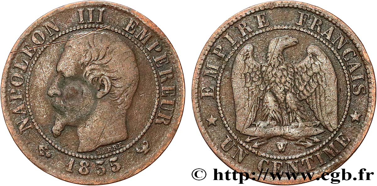 Un centime Napoléon III, tête nue 1855 Lille F.102/25 B+ 