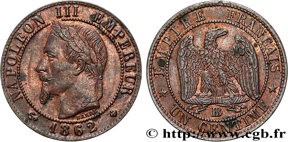 Un centime Napoléon III, tête laurée 1862 Strasbourg F.103/6 EBC60 