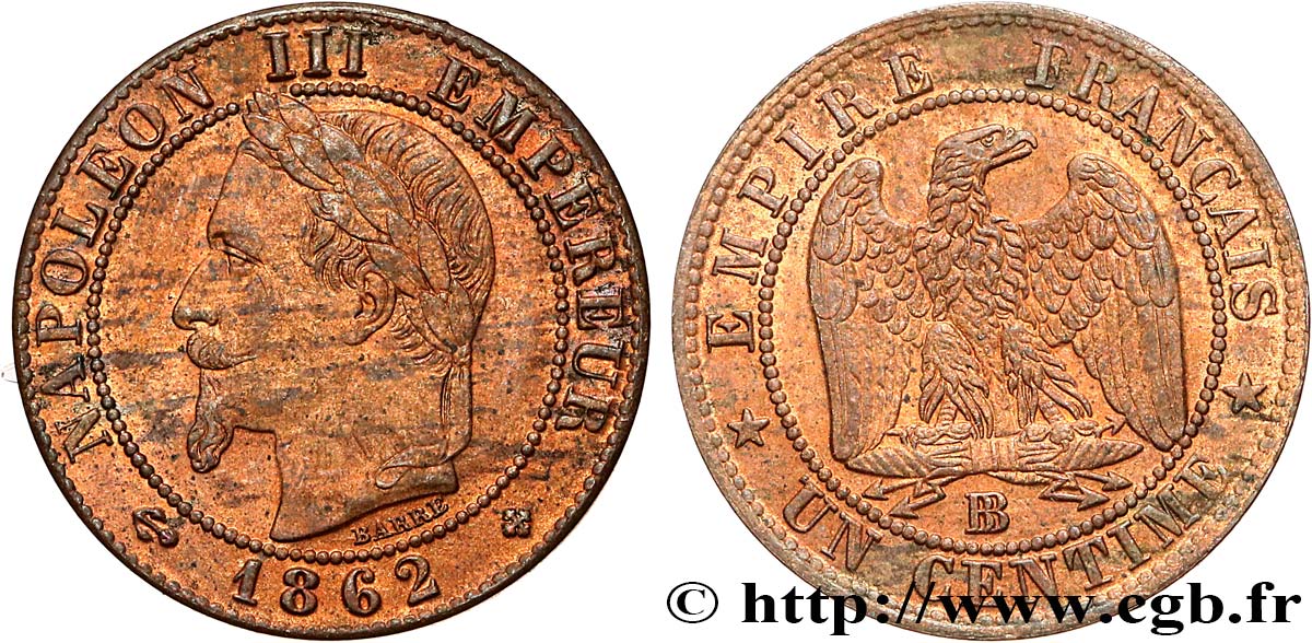 Un centime Napoléon III, tête laurée 1862 Strasbourg F.103/6 SUP61 