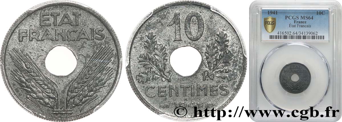 10 centimes État français, grand module 1941 Paris F.141/2 SPL64 PCGS