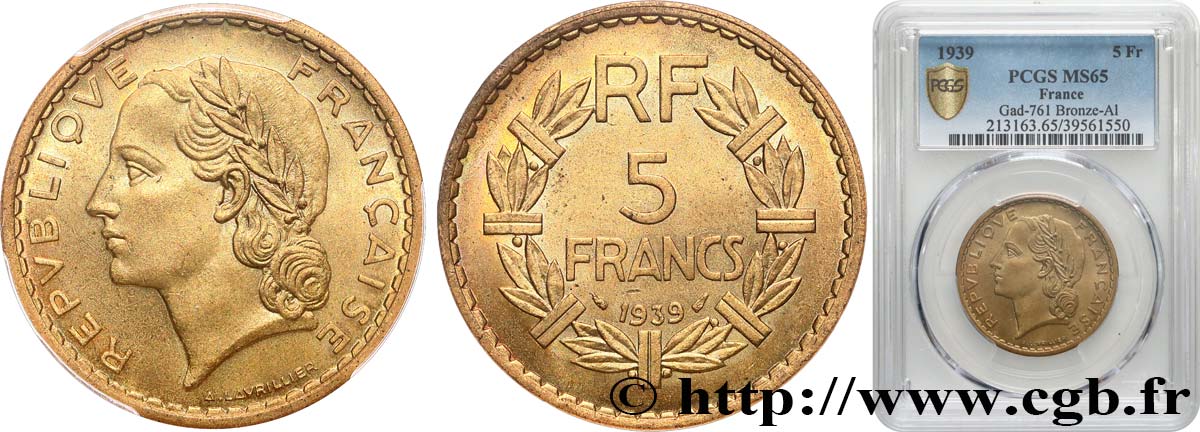 5 francs Lavrillier, bronze-aluminium 1939  F.337/3 ST65 PCGS