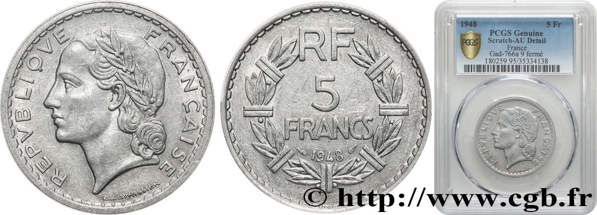 5 francs Lavrillier, aluminium, 9 fermé 1948  F.339/14 MBC+ PCGS
