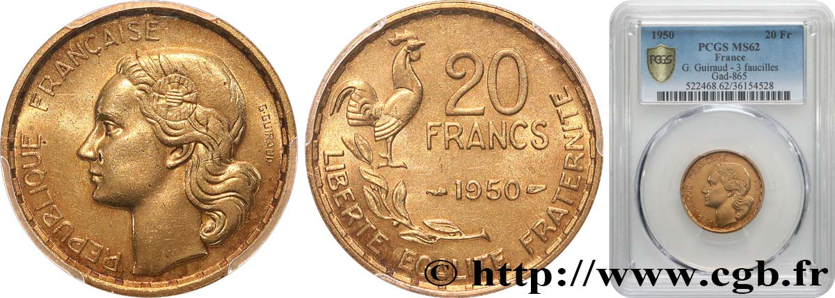 20 francs G. Guiraud, 3 faucilles 1950  F.402/2 SUP62 PCGS