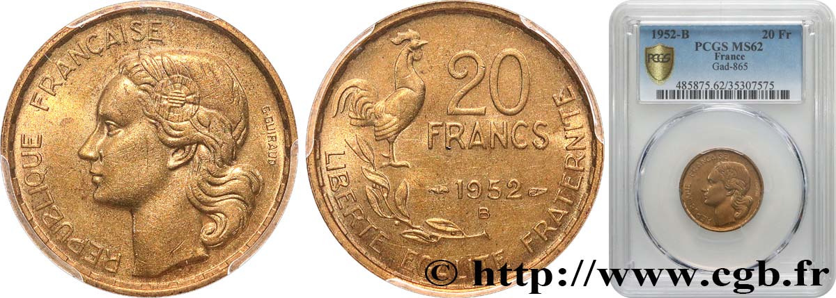 20 francs G. Guiraud 1952 Beaumont-Le-Roger F.402/10 MS62 PCGS