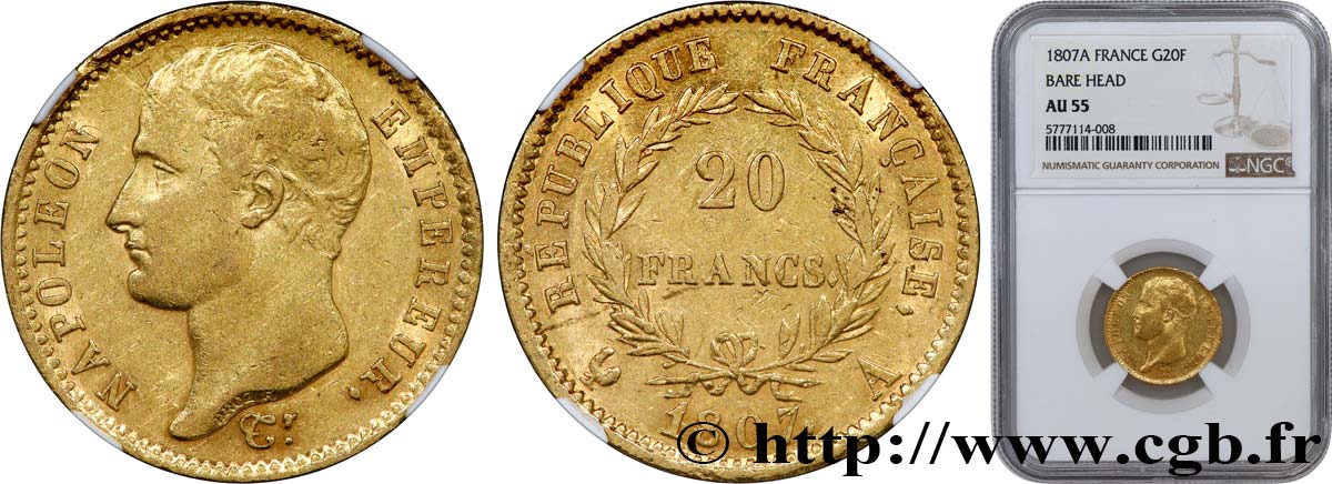 20 francs Napoléon tête nue, type transitoire 1807 Paris F.514/1 SUP55 NGC