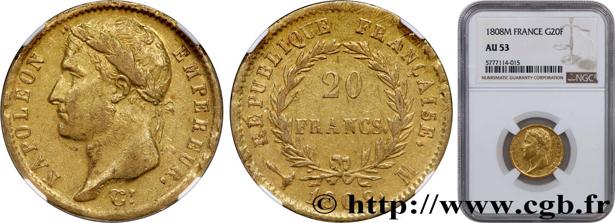20 francs or Napoléon tête laurée, République française 1808 Toulouse F.515/4 TTB53 NGC