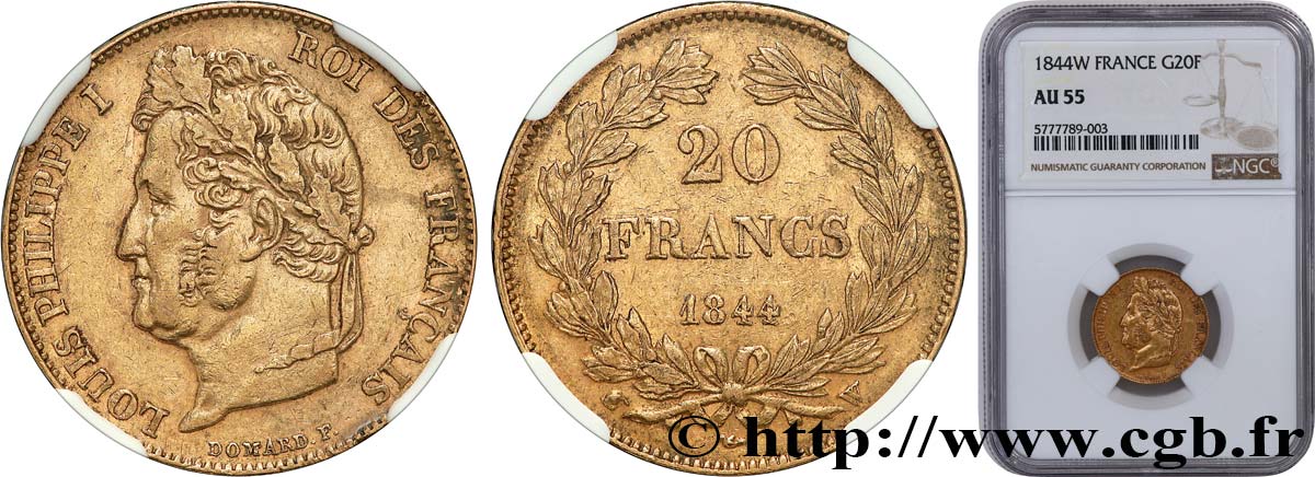 20 francs Louis-Philippe, Domard 1844 Lille F.527/32 AU55 NGC