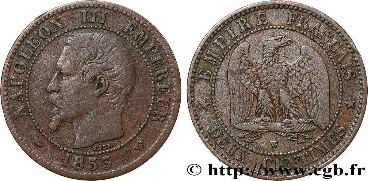 Deux centimes Napoléon III, tête nue 1853 Lille F.107/8 S30 