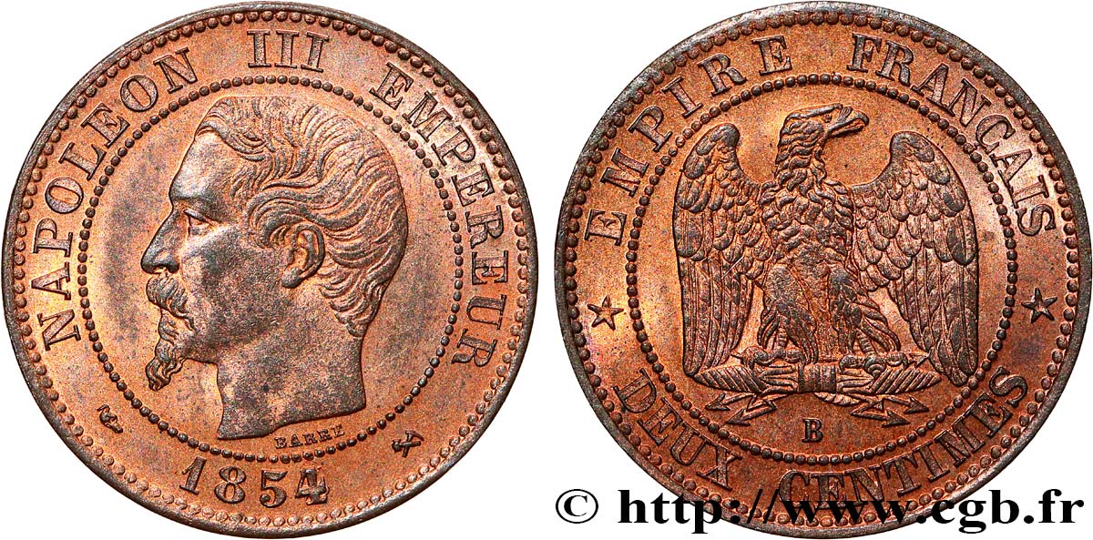 Deux centimes Napoléon III, tête nue 1854 Rouen F.107/10 SPL64 