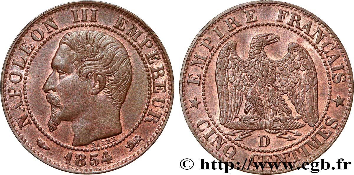 Cinq centimes Napoléon III, tête nue 1854 Lyon F.116/12 SC63 