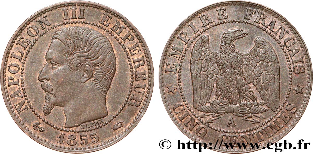 Cinq centimes Napoléon III, tête nue 1855 Paris F.116/17 SUP62 
