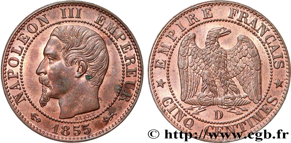 Cinq centimes Napoléon III, tête nue 1855 Lyon F.116/23 SPL63 