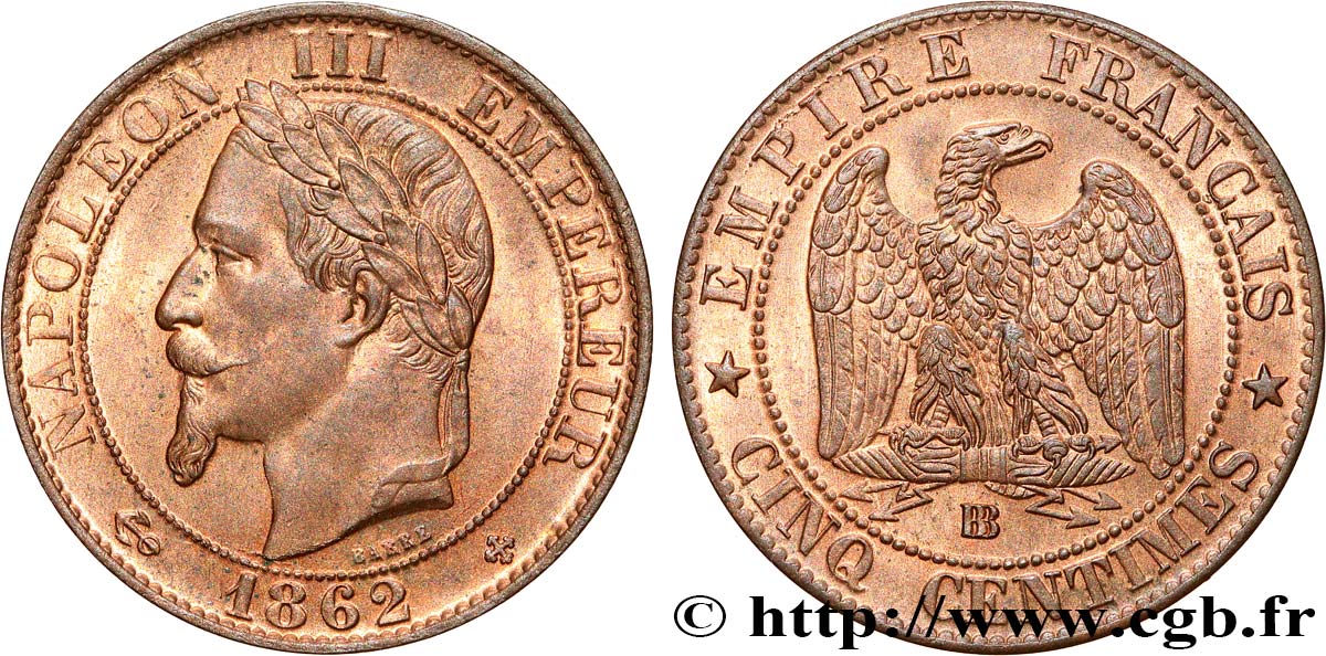 Cinq centimes Napoléon III, tête laurée 1862 Strasbourg F.117/8 SPL64 