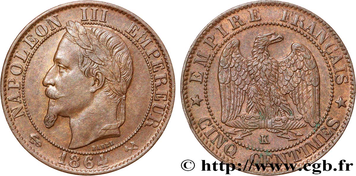 Cinq centimes Napoléon III, tête laurée 1864 Bordeaux F.117/15 SPL55 