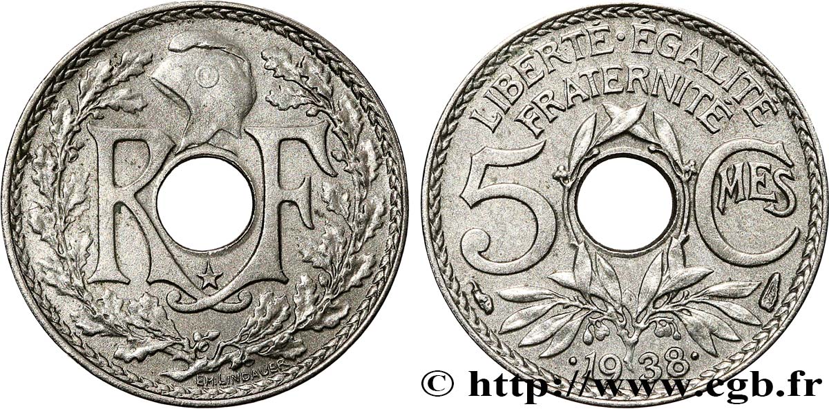 5 centimes Lindauer, maillechort, avec étoile 1938  F.123/1 fVZ 