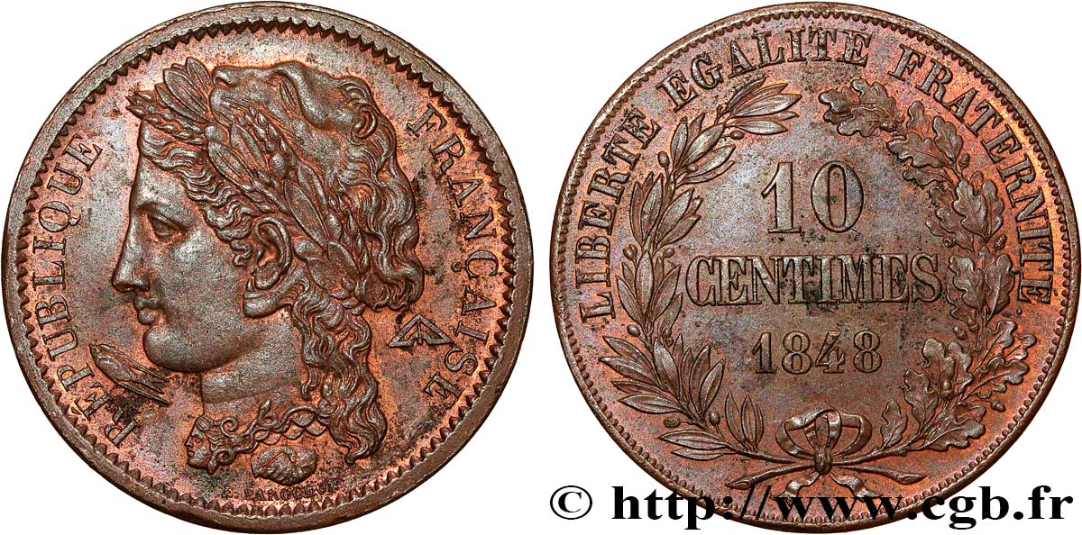 Concours de 10 centimes, essai en cuivre par Farochon, premier revers 1848 Paris VG.3139 var. SPL+ 