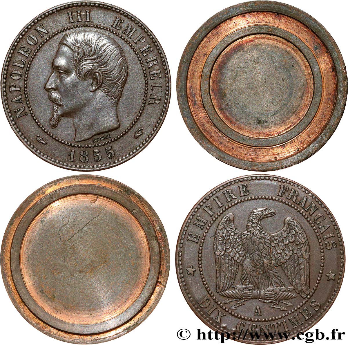 Dix centimes Napoléon III, tête nue, transformée en boîte de forçat  1855 Paris F.133/19 var. BB 