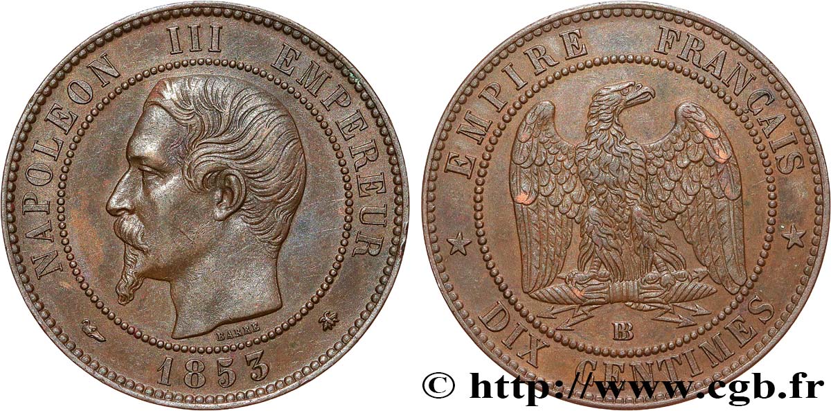 Dix centimes Napoléon III, tête nue 1853 Strasbourg F.133/4 SUP55 