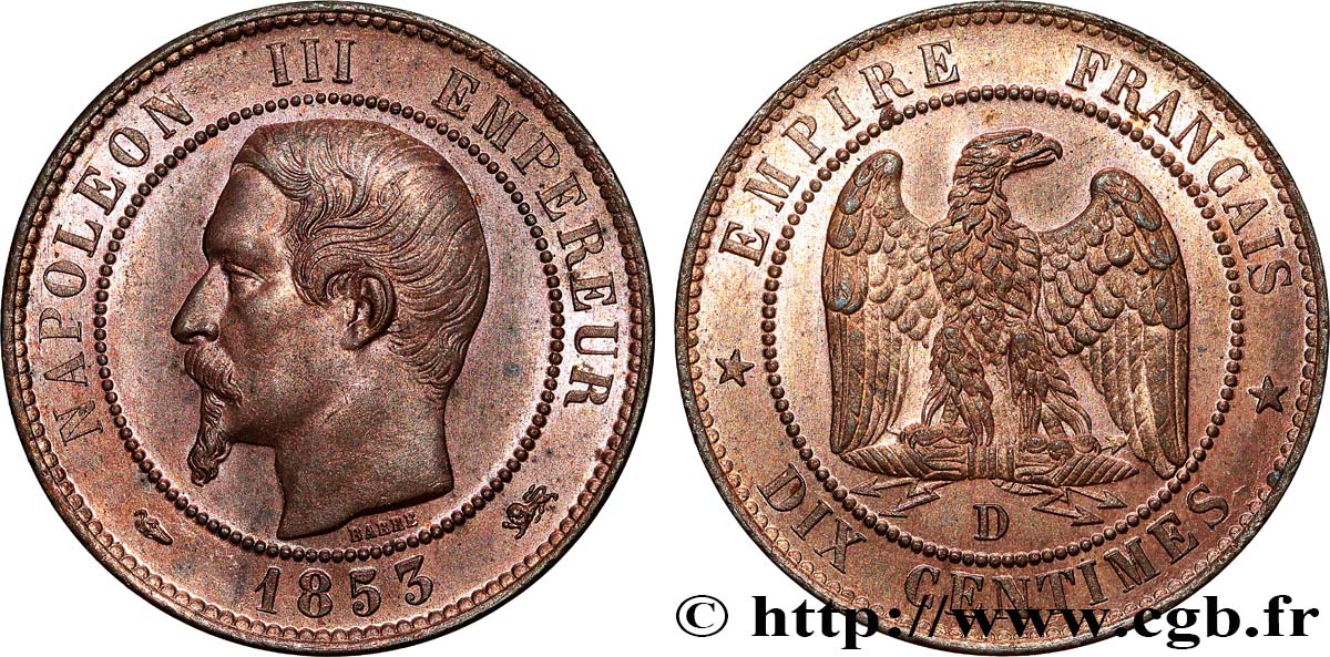 Dix centimes Napoléon III, tête nue 1853 Lyon F.133/5 AU+ 