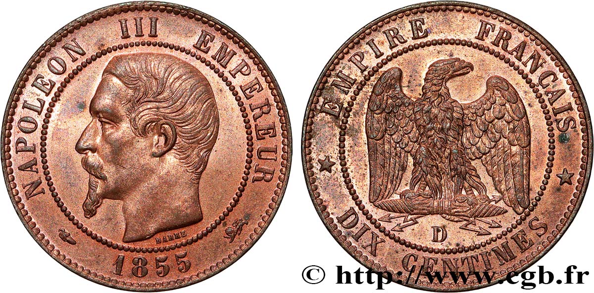 Dix centimes Napoléon III, tête nue 1855 Lyon F.133/25 SPL63 