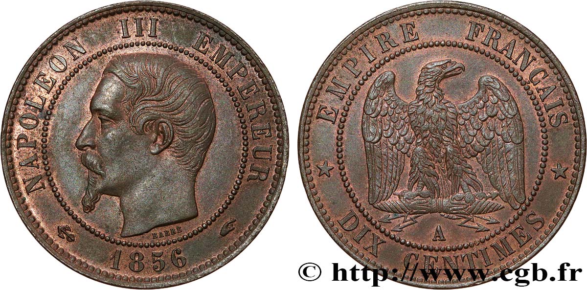 Dix centimes Napoléon III, tête nue 1856 Paris F.133/34 SPL62 