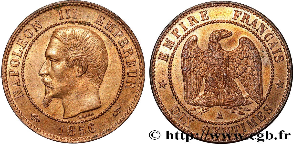 Dix centimes Napoléon III, tête nue 1856 Paris F.133/34 EBC+ 