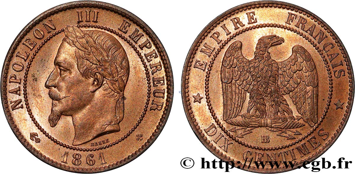 Dix centimes Napoléon III, tête laurée 1861 Strasbourg F.134/5 SPL64 