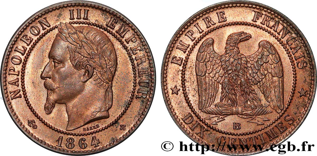 Dix centimes Napoléon III, tête laurée 1864 Strasbourg F.134/14 MS63 