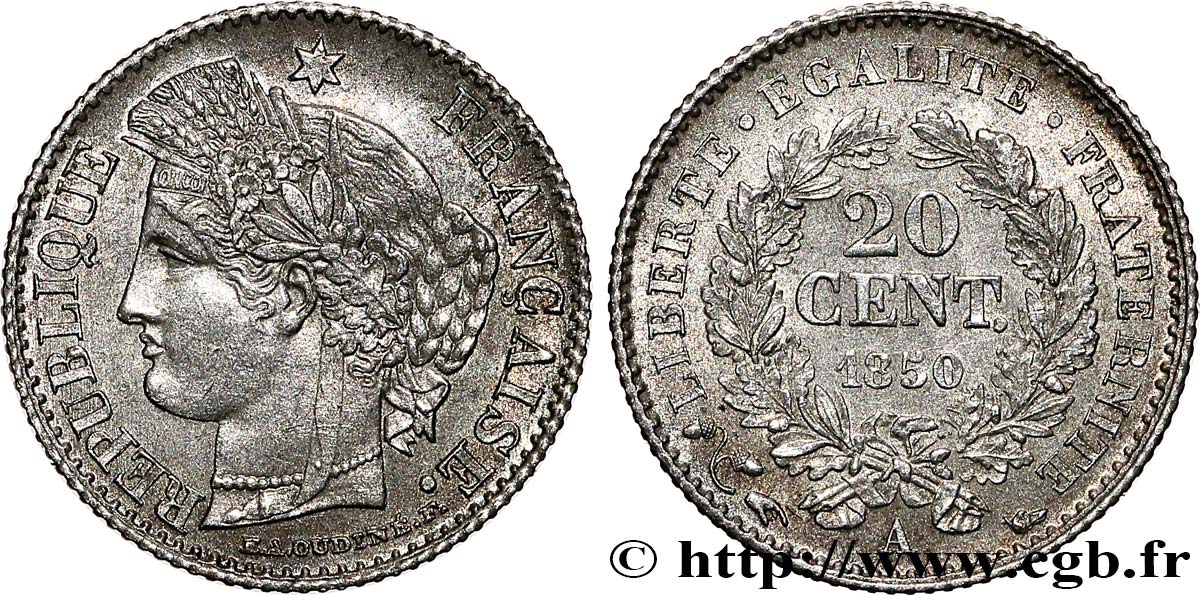 20 centimes Cérès, IIe République 1850 Paris F.146/2 SUP 