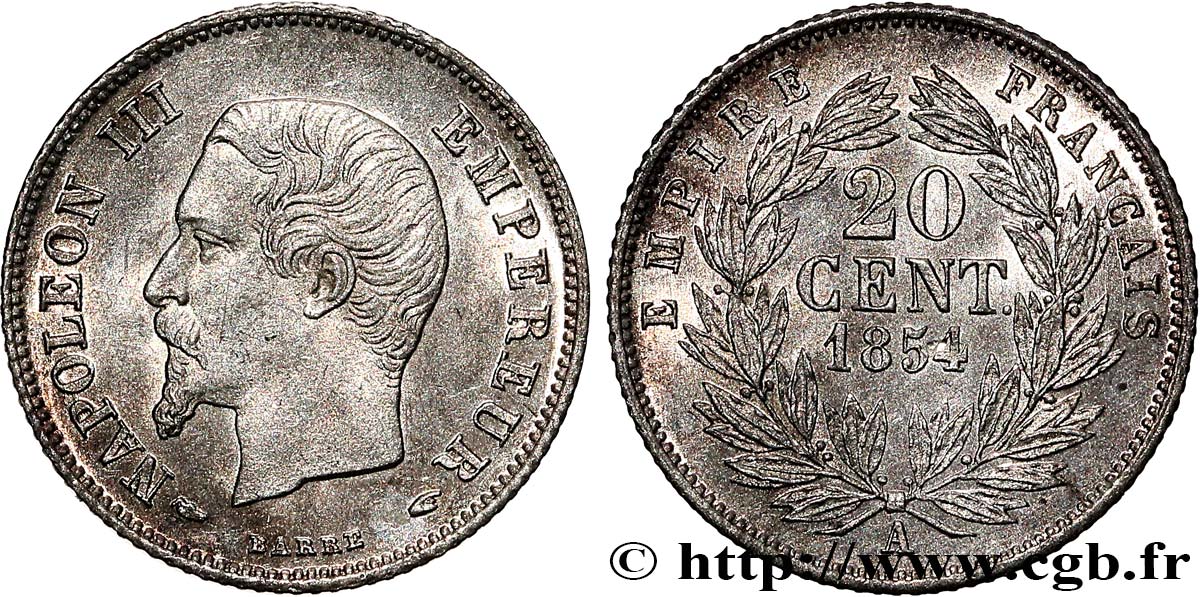 20 centimes Napoléon III, tête nue 1854 Paris F.148/2 fST63 
