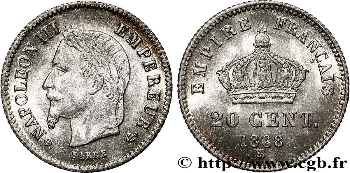 20 centimes Napoléon III, tête laurée, grand module 1868 Strasbourg F.150/5 SPL 