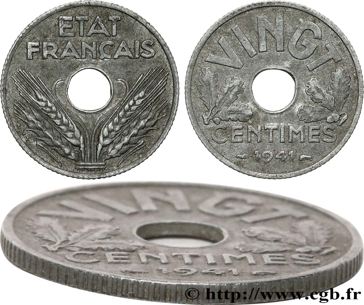 VINGT centimes État français, cannelures larges 1941  F.152/3 TB35 