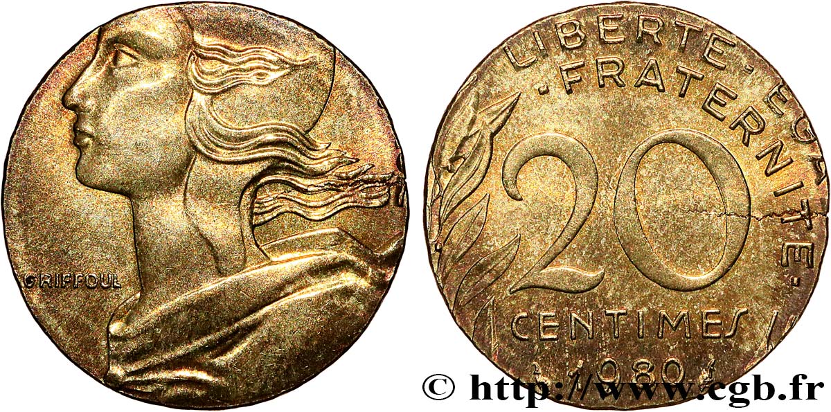 20 centimes Marianne, frappe fautée sur flan de 5 centimes Marianne 1980 Pessac F.156/20 var. MS 