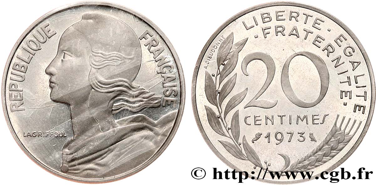 Piéfort argent de 20 centimes Marianne 1973 Pessac GEM.56 P2 MS 