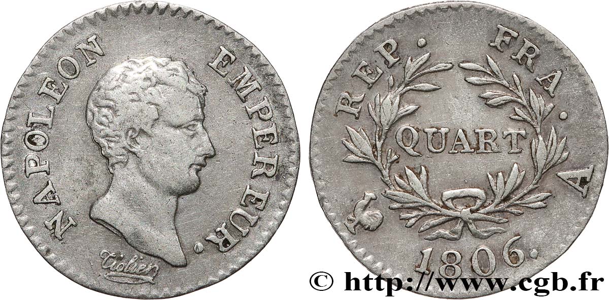 Quart (de franc) Napoléon Empereur, Calendrier grégorien 1806 Paris F.159/1 BC+ 