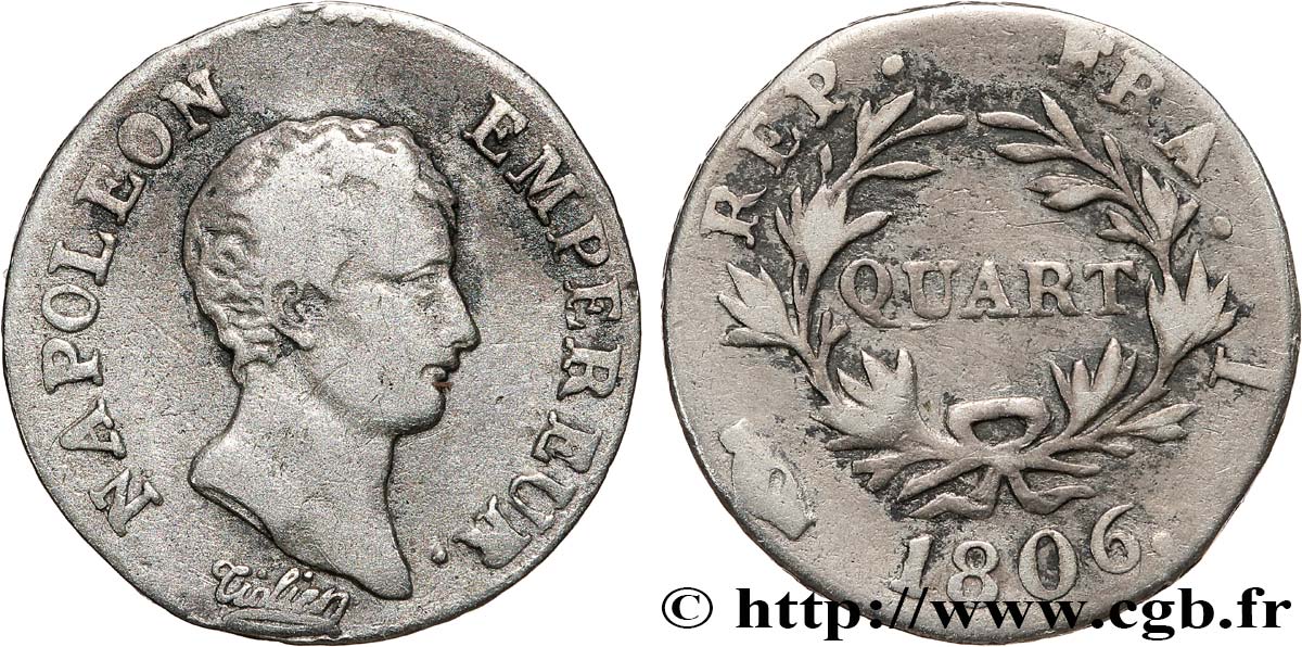 Quart (de franc) Napoléon Empereur, Calendrier grégorien 1806 Limoges F.159/2 S15 