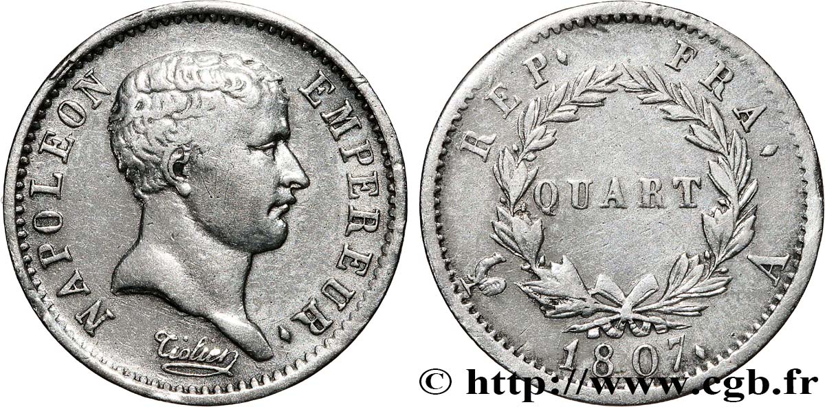 Quart (de franc) Napoléon Empereur, tête de nègre 1807 Paris F.160/1 XF 