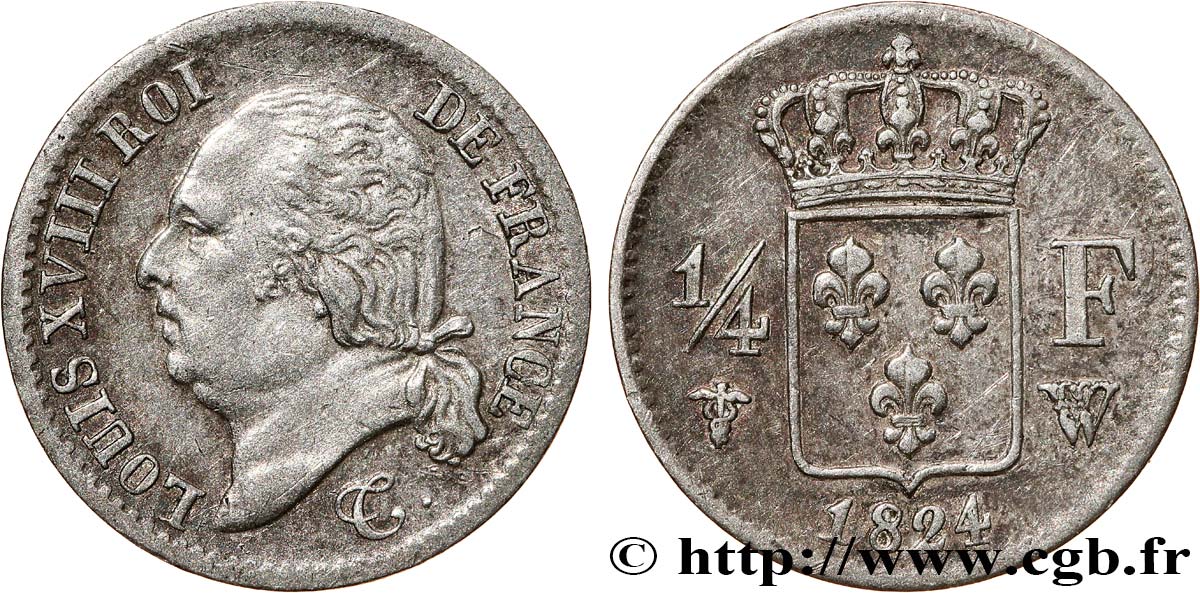 1/4 franc Louis XVIII 1824 Lille F.163/35 MBC 