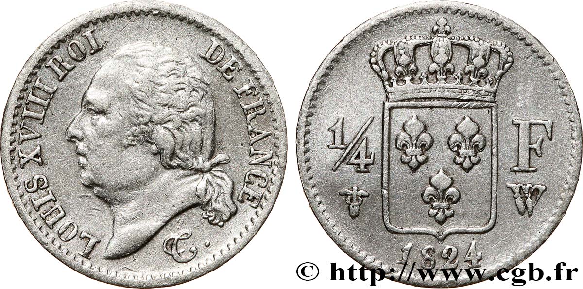 1/4 franc Louis XVIII 1824 Lille F.163/35 TB+ 