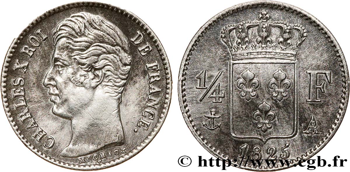1/4 franc Charles X 1825 Paris F.164/1 MBC+ 