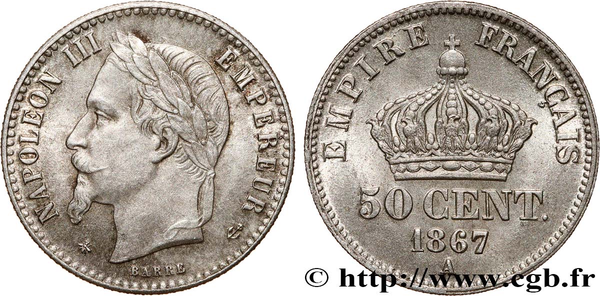 50 centimes Napoléon III, tête laurée, différent au milieu 1867 Paris F.188/14 SPL63 